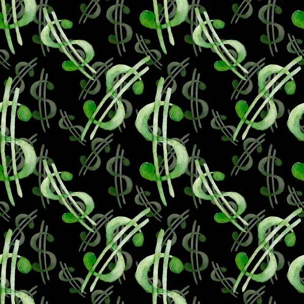 Green Ink Dollar Symbols Isolated Black Background Cute Monochrome Seamless — Stock Photo, Image