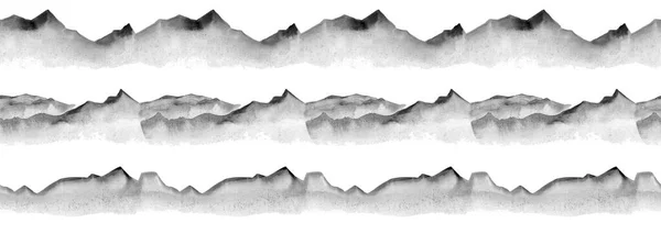Aquarela Esboçado Montanhas Sem Costura Padrão Monocromático Fundo Preto Ilustração — Fotografia de Stock