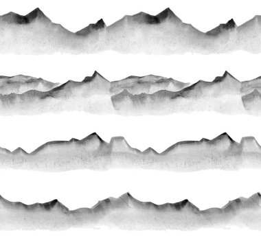 Kusursuz suluboya deseni, sınır. Siyah dağ manzarası. Klasik çizim. Elle boyanmış suluboya dağ siluetleri. Suluboya logosu, davetiye, kart.