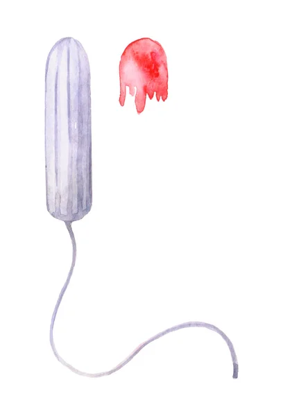 Watercolor Ilustração Tampão Com Mancha Sangue Produto Higiénico Feminino Desenhado — Fotografia de Stock