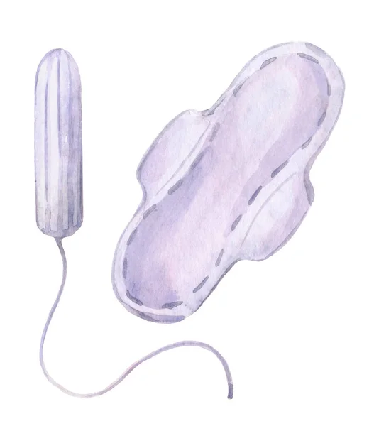 Watercolor women pads and tampon - sanitary pads lies next to a tampon on an isolated background on white background. Women's hygiene and menstrual period concept.