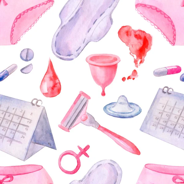 Schattig Naadloos Hand Getrokken Aquarel Menstruatie Hygiëne Product Onderbroek Tampon — Stockfoto