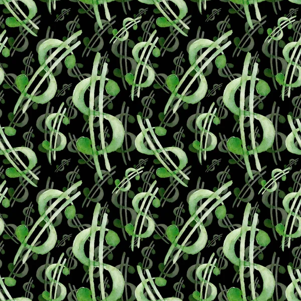 Money silhouette. Wallpaper and fabric design and decor. Watercoloe illustration. Pattern of colorful Dolar on Black Background.