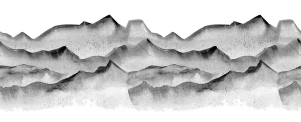 Watercolor line abstract mountains. Liquid minimalistic ink black pattern landscape. Black white ink winter landscape river. Minimalistic hand drawn illustration black lines background, poster banner