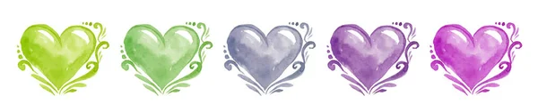 Ručně Kreslené Akvarelové Srdce Duhová Srdce Kolekce Izolované Bílém Pozadí — Stock fotografie