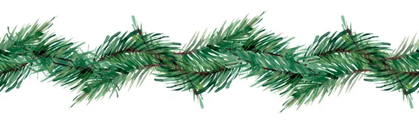 全景与松树枝条 与白色背景的圣诞树的水平边界 水彩画 装饰植物学图解设计 — 图库照片