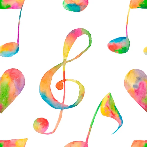 粉色和绿色墨水音乐音符和键的水彩图案 — 图库照片