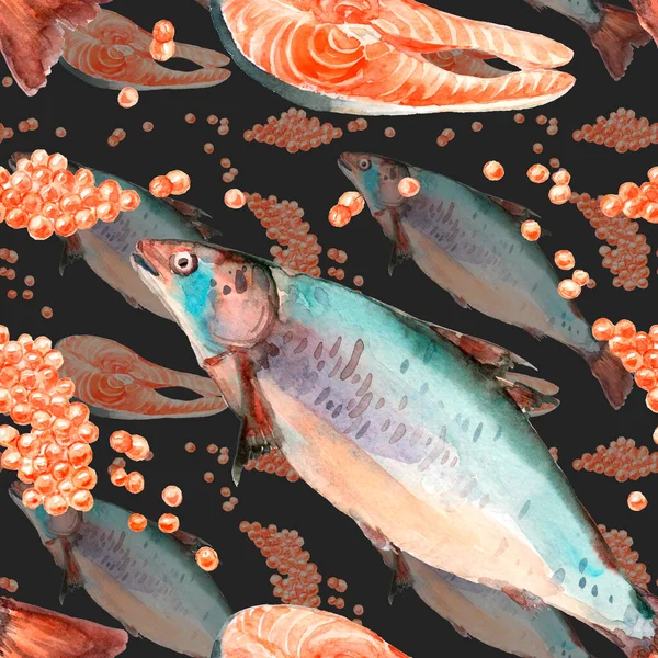 Disegno Mano Acquerello Pesce Salmone Modello Senza Soluzione Continuità Nero — Foto Stock