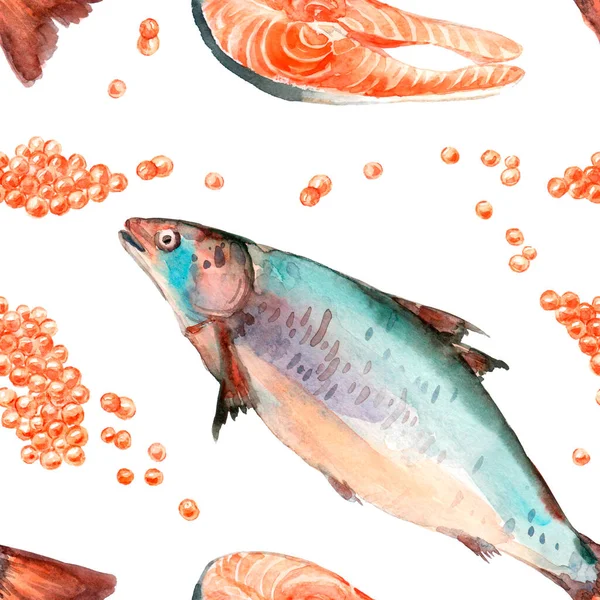 无缝隙的水彩图案 白色背景上有鲑鱼 水彩画 水彩画 手绘装饰元素 海鲜及海味料理 — 图库照片
