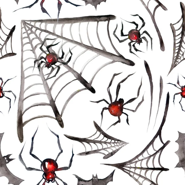 クモの巣のシームレスなパターン 水彩赤ちゃんハロウィンイラスト 子供たちはドローイングプリントを繰り返します 不気味な北欧アート 子供っぽいデザイン かわいいクモの壁紙 動物の生地の背景 — ストック写真