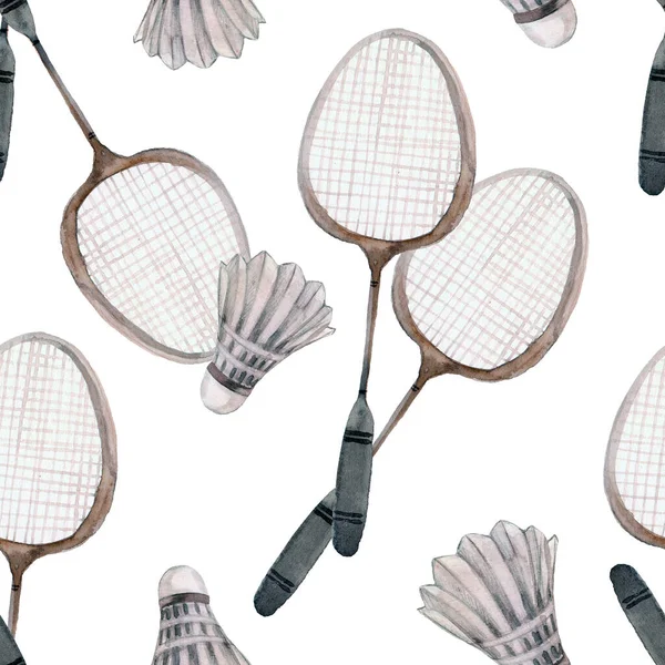 Badminton Racquets Shuttlecocks Seamless Watercolor Pattern Sport Equipment Hand Drawn — Stock Photo, Image