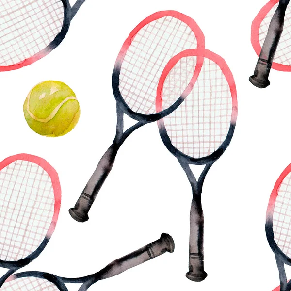 水彩テニスパターン ボール付きラケット 手描きイラスト — ストック写真