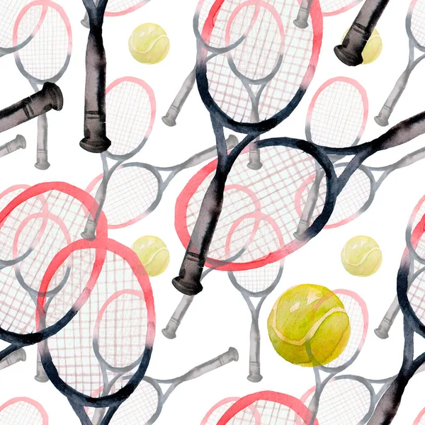 テニスラケットとボール スポーツ用品とシームレスな水彩模様 手描きのオリジナル背景 本物の水彩画 — ストック写真