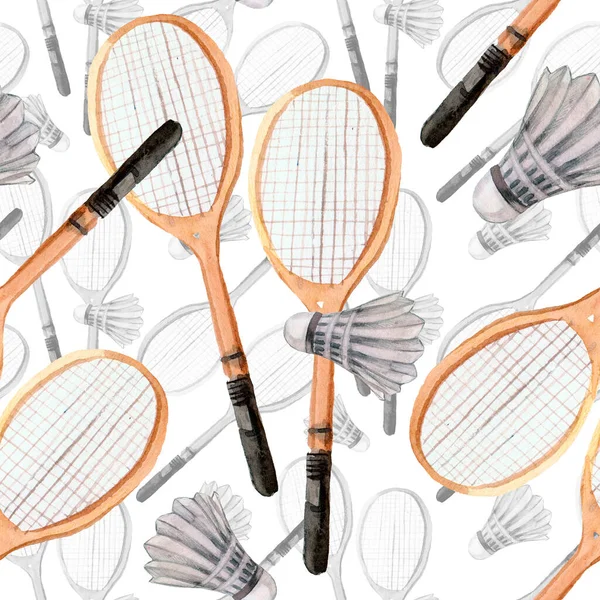 Badminton Padrão Aquarela Sem Costura Com Equipamento Desportivo — Fotografia de Stock