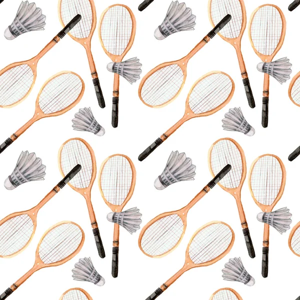 Aquarel Naadloos Patroon Met Badmintonelementen Handgetekend Geïsoleerd Een Witte Achtergrond — Stockfoto