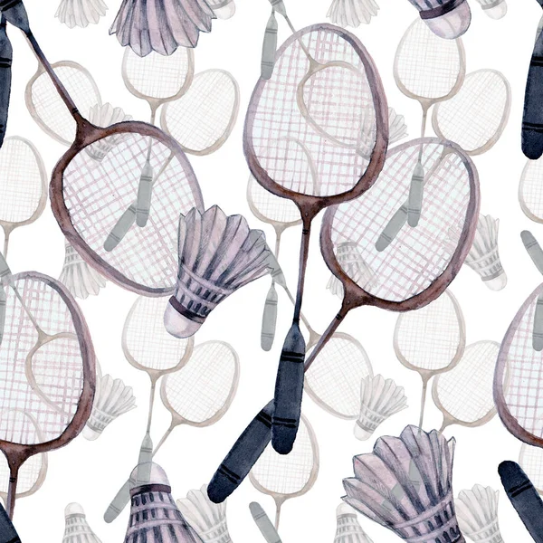 Hand drawn watercolor Badminton shuttlecock and racket. Sport seamless background with volants and badminton racquets in sketch style.