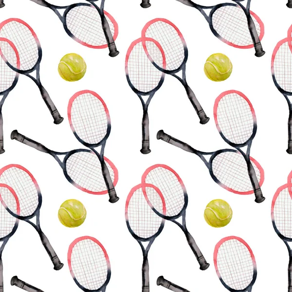 Sport Zökkenőmentes Akvarell Minta Tenisz Ikonok Lapos Design Stílus — Stock Fotó
