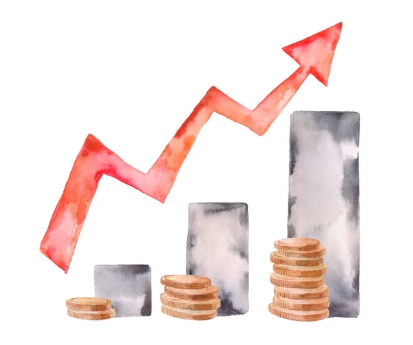 Graph up arrow on coin stacks. Financial success and growth concept. Watercolor