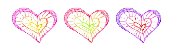 Set Hearts Drawings Colored Pencils Children Drawing — Stock Photo, Image