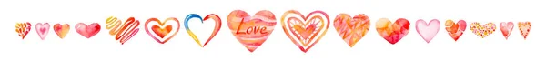 Aquarela Pintados Mão Corações Amor Conjunto Ilustrado Tinta Vermelha Isolado — Fotografia de Stock