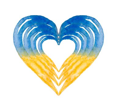 Beyaz bir arka planda suluboya ile çizilmiş Ukrayna bayrağı olan kalp..