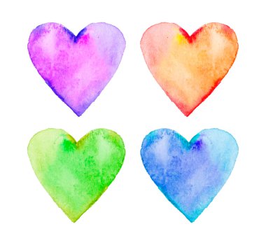 El yapımı suluboya kalp seti. Gökkuşağı kalp koleksiyonu beyaz arka planda izole edildi. Düğün davetiyesi için romantik tasarım unsuru, Sevgililer Günü kartı. Suluboya çizimi.