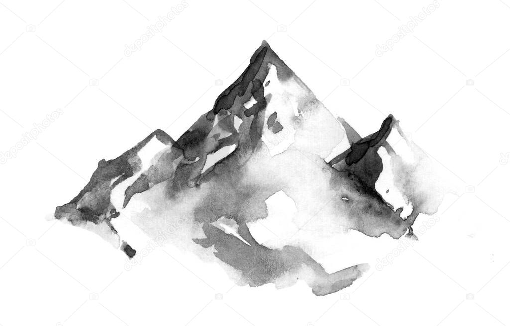 Mountains, rocky peaks. Abstract minimalistic style. One-stroke drawing. Hand-drawn by brush. Watercolor Illustration