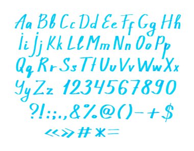 Mavi işaret alfabesi, sayılar, noktalama işaretleri. Posterler, logolar, reklamlar, şablonlar, şablonlar, afişler için tasarım unsurları olan el çizimleri. Beyaz izole edilmiş arka plan. İngilizce ABC.