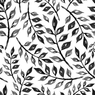 Silhouettes of leaves olive seamless pattern. Watercolor hand drawn illustration in simple scandinavian doodle cartoon style. Isolated black branches on a white background