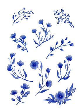 Suluboya mavi çiçekler ve çiçek öğeleri illüstrasyonlar bırakır, elle çizilmiş bir tebrik kartı için beyaz bir arka plan üzerinde bir düğün davetiyesi dekorasyon izole