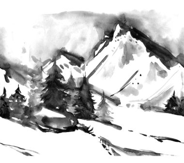 Nature seamless pattern in oriental style. Landscape, mountains, hills, valley, vista, air, pine, spruce. Traditional ink.