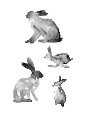 watercolor black rabbit. doodle illustration for printing postcards, stickers, posters, prints. new year, christmas. 2023