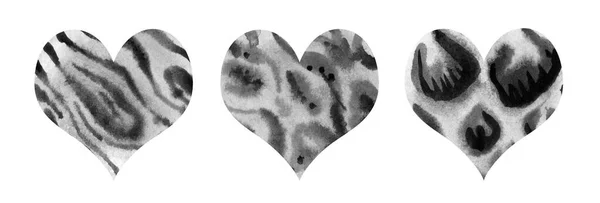Set Watercolor Hand Drawn Hearts Leopard Pattern Isolated White Background — Stockfoto