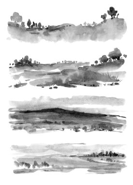 Abstract watercolor, ink and acrylic flow blot smear brushstroke painting. Black, beige grunge landscape color canvas texture horizontal background. Set.