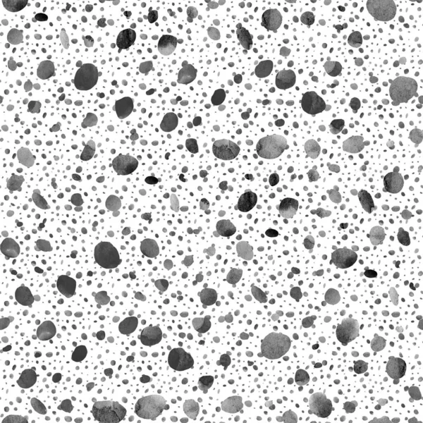 Random watercolor speckle dots seamless pattern. Hand drawn splash splatter spray watercolor texture. Brush painted stains. Black ink spots on white background. For fabric ditsy print, wrapping paper.