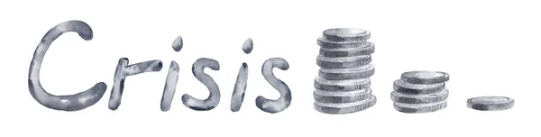 Finanční Krize Slovo Crisis Pád Mincí Akvarel — Stock fotografie