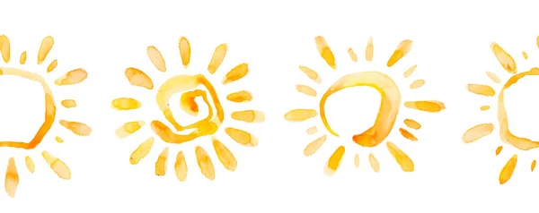 Handgezeichnetes Nahtloses Aquarell Mit Süßer Lächelnder Sonne Auf Weißem Hintergrund — Stockfoto