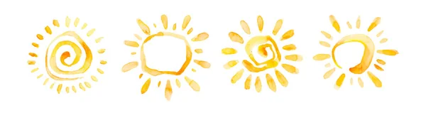 Conjunto Desenhos Animados Sol Isolado Branco Feito Aquarela Estilo Desenhado — Fotografia de Stock