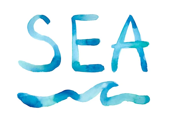 stock image Watercolor illustration of word SEA with wave. Blue color with sketchy striped pattern. Summer print, clipart, decoration for design. Hand written water colour graphic paint on white background, isolated.