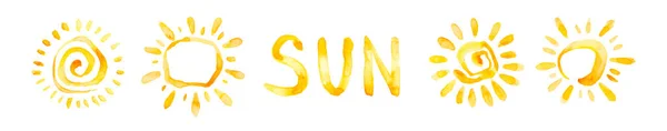 Tinta Amarela Brilhante Sol Conjunto Aquarela Ilustração Com Letras Isoladas — Fotografia de Stock