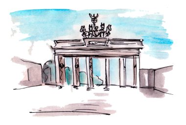 Brandenburg Kapısı, Berlin, Almanya, suluboya çizim çizimi.