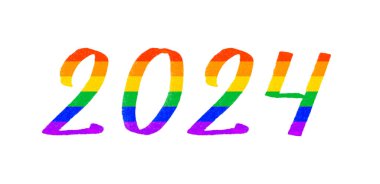 Mutlu yıllar 2024. Gökkuşağı renkleriyle LGBTQ 2024 gurur ayı. Gurur ay desteğinin suluboya sembolü