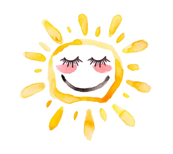 Aquarela Sol Dos Desenhos Animados Fundo Branco Cartão Para Crianças — Fotografia de Stock