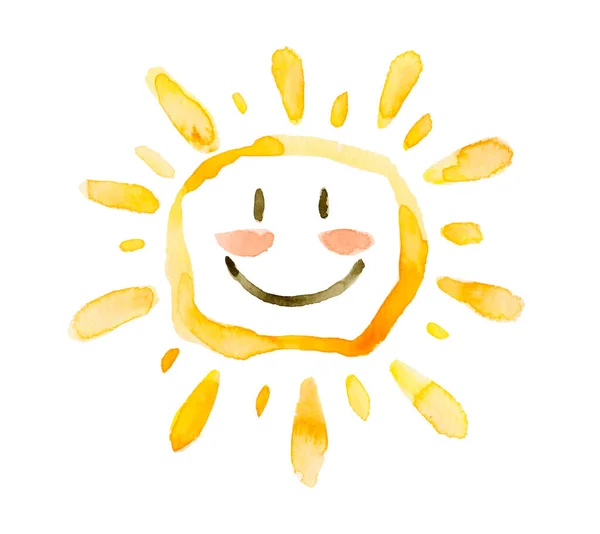 Рука Намальована Акварельна Ілюстрація Усміхненого Сонця — стокове фото