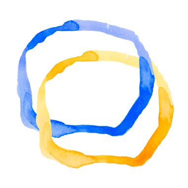 Kobalt mavisi sarı suluboya lekeler altın parıltılarıyla lekelenmiş. Suluboya fırça darbeleri. Güzel, modern bir el çizimi. Beyaz arkaplanda izole renkli tasarım.