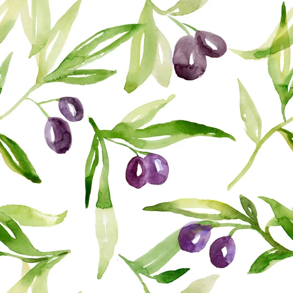 Aquarell Violet Olive Seamless Pattern Illustration Mit Olivenzweigen Design Für — Stockfoto
