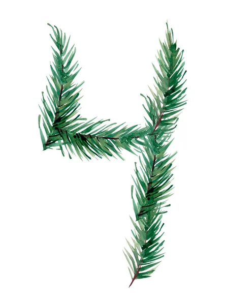 Akvarel Číslo Sbíraný Větví Vánočního Stromku Jedle Zelená Izolováno Bílém — Stock fotografie