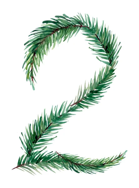 Número Coletado Partir Aquaresramos Árvore Natal Abeto Verde — Fotografia de Stock