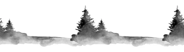 Padrão Sem Costura Aquarela Preto Branco Árvore Coníferas Monocromático Inverno — Fotografia de Stock
