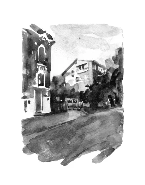 旧城的一系列街景 手绘水彩画建筑背景与历史建筑 黑白素描 — 图库照片